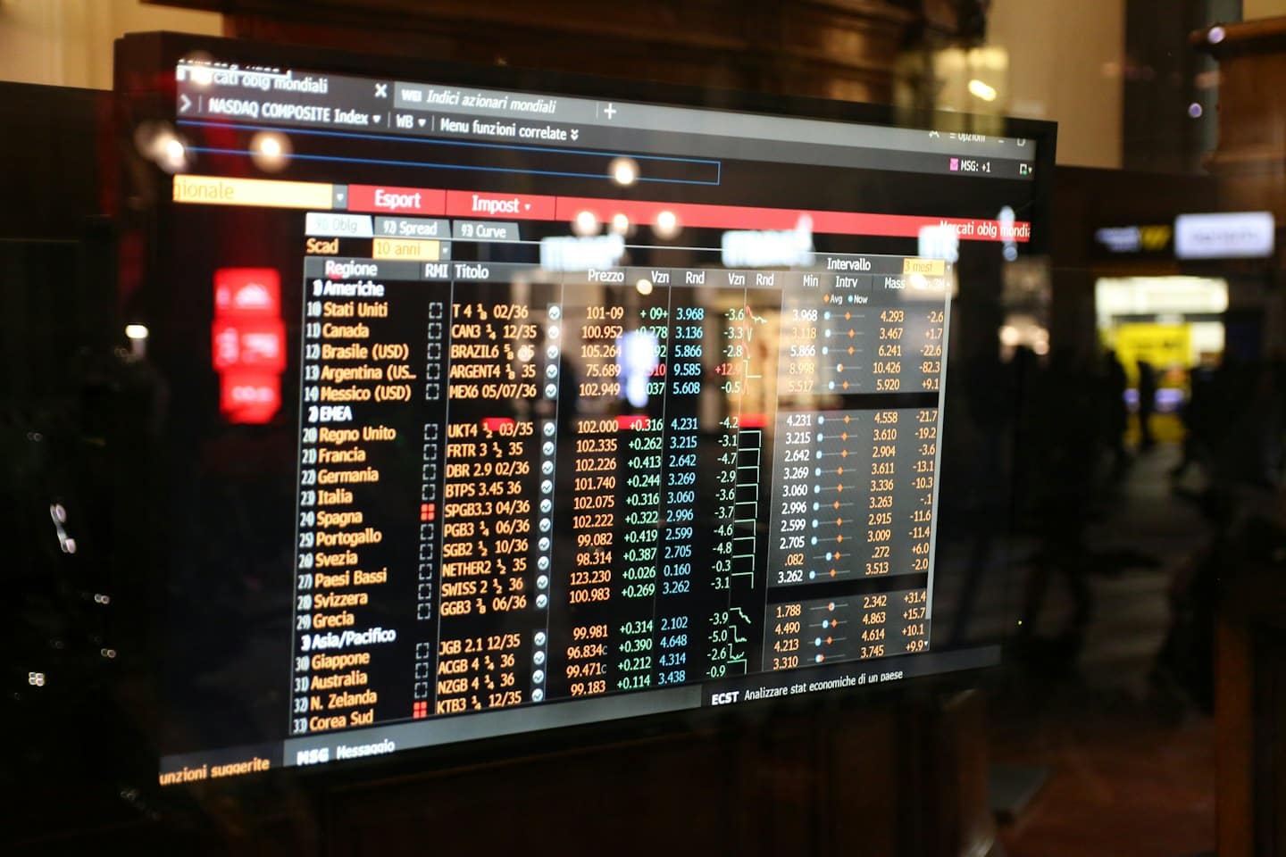 Un monitor de computadora muestra tablas de datos de mercados financieros internacionales en tiempo real.