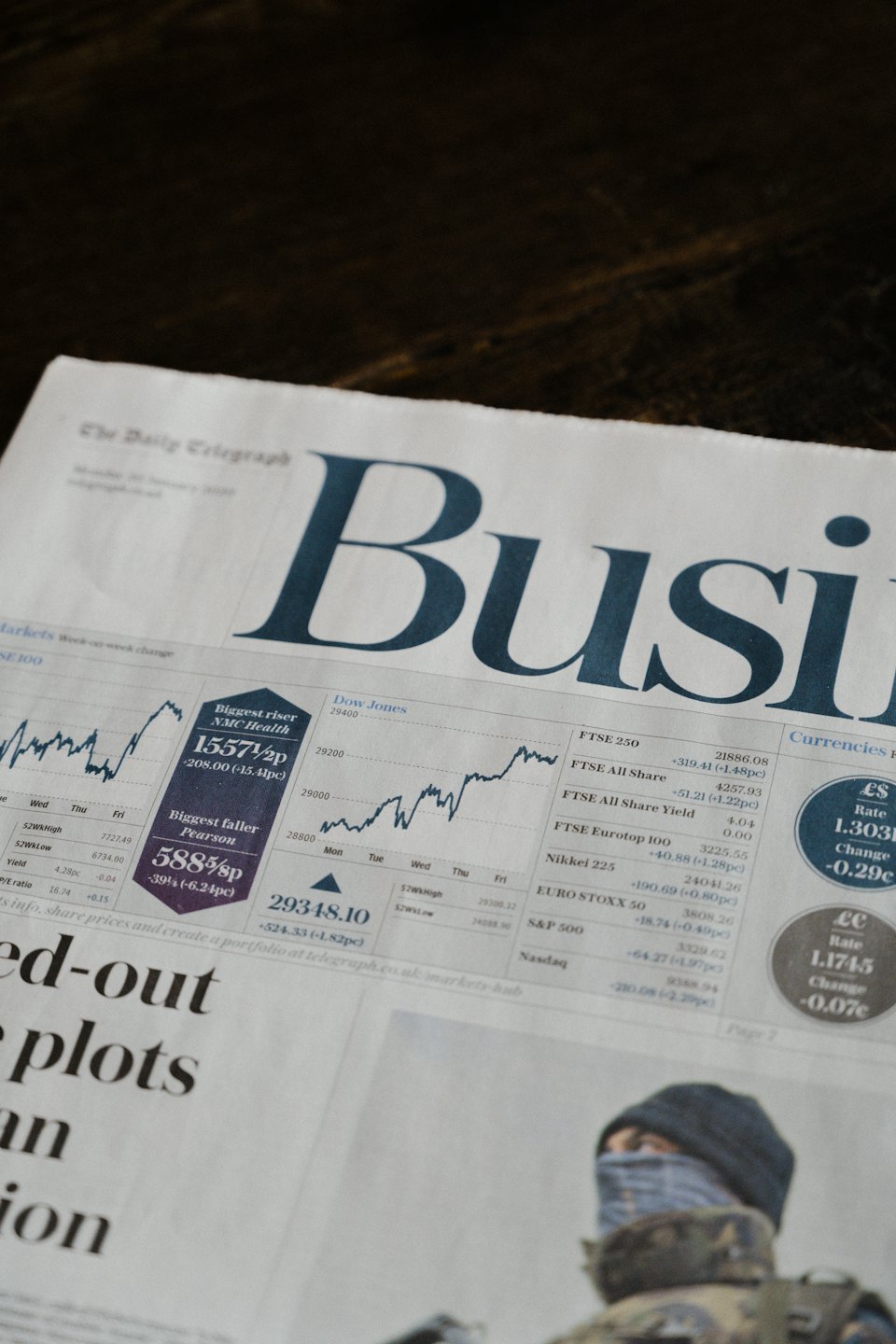 Periódico financiero abierto en la sección de negocios con gráficos de bolsa.